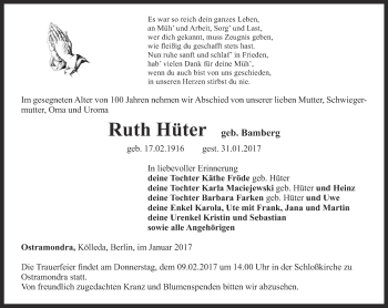Traueranzeige von Ruth Hüter von Thüringer Allgemeine