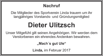 Traueranzeige von Dieter Ulitzsch von Ostthüringer Zeitung