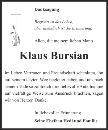 Traueranzeige von Klaus Bursian von Ostthüringer Zeitung, Thüringische Landeszeitung
