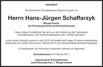 Traueranzeige von Hans-Jürgen Schaffarzyk von Thüringer Allgemeine, Thüringische Landeszeitung
