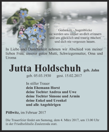 Traueranzeige von Jutta Holdschuh von Ostthüringer Zeitung