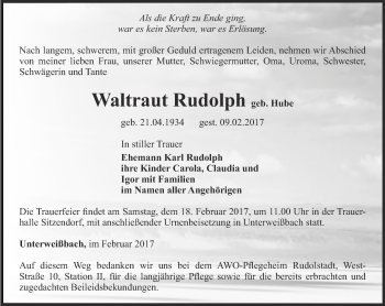 Traueranzeige von Waltraut Rudolph von Ostthüringer Zeitung