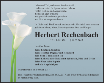 Traueranzeige von Herbert Rechenbach von Thüringer Allgemeine, Thüringische Landeszeitung