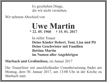 Traueranzeige von Uwe Martin von Thüringer Allgemeine, Thüringische Landeszeitung