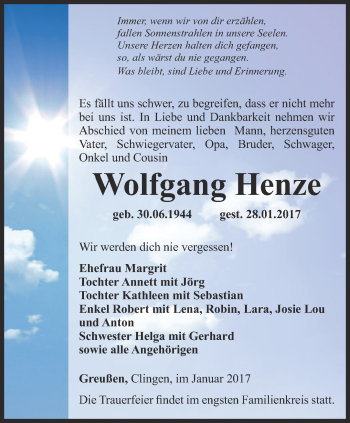 Traueranzeige von Wolfgang Henze von Thüringer Allgemeine