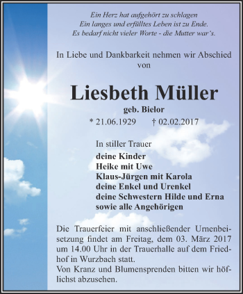 Traueranzeige von Liesbeth Müller von Ostthüringer Zeitung