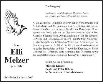 Traueranzeige von Elli Melzer von Ostthüringer Zeitung