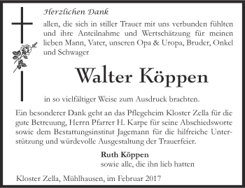 Traueranzeige von Walter Köppen von Thüringer Allgemeine, Thüringische Landeszeitung