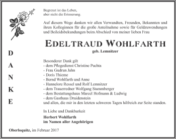 Traueranzeige von Edeltraud Wohlfarth von Ostthüringer Zeitung