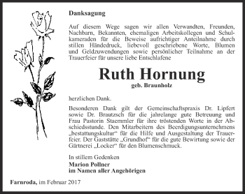 Traueranzeige von Ruth Hornung  von Thüringer Allgemeine, Thüringische Landeszeitung