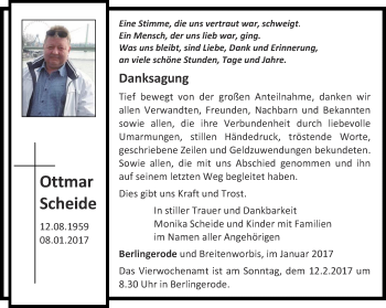 Traueranzeige von Ottmar Scheide von Thüringer Allgemeine