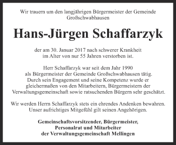 Traueranzeige von Hans-Jürgen Schaffarzyk von Thüringer Allgemeine, Thüringische Landeszeitung