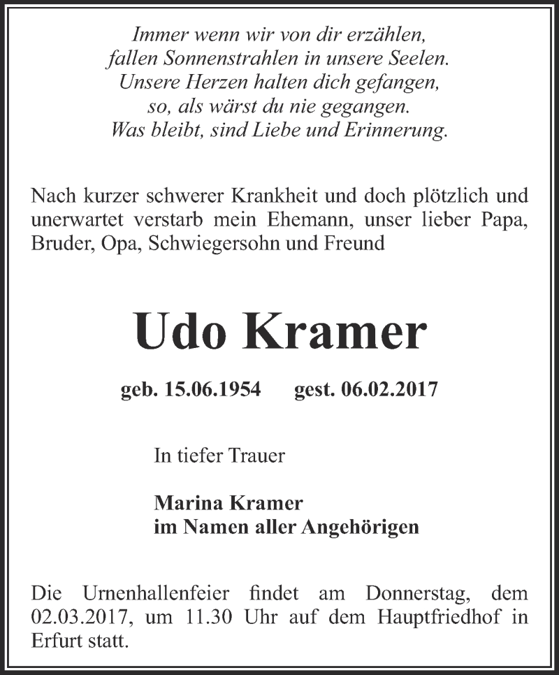  Traueranzeige für Udo  Kramer vom 22.02.2017 aus Thüringer Allgemeine, Thüringische Landeszeitung