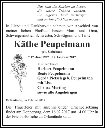 Traueranzeige von Käthe Peupelmann von Ostthüringer Zeitung, Thüringische Landeszeitung