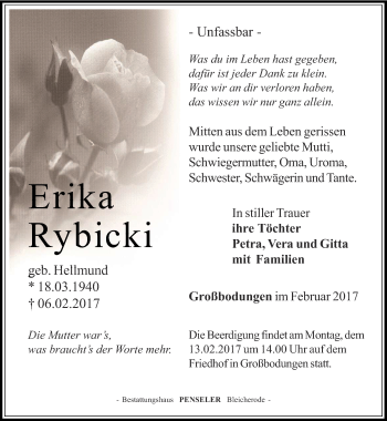 Traueranzeige von Erika Rybicki von Thüringer Allgemeine