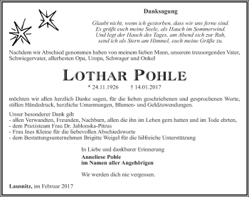 Traueranzeige von Lothar Pohle von Ostthüringer Zeitung