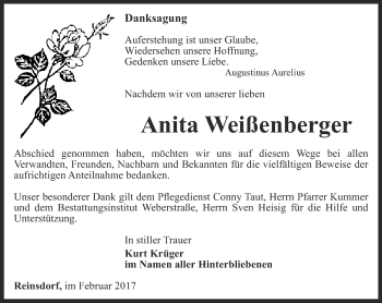 Traueranzeige von Anita Weißenberger von Ostthüringer Zeitung