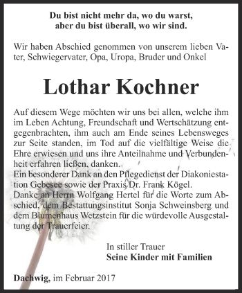 Traueranzeige von Lothar Kochner von Thüringer Allgemeine, Thüringische Landeszeitung