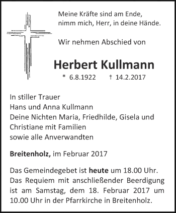 Traueranzeige von Herbert Kullmann von Thüringer Allgemeine