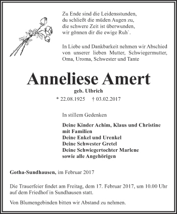 Traueranzeige von Anneliese Amert von Ostthüringer Zeitung, Thüringische Landeszeitung