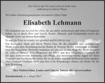 Traueranzeige von Elisabeth Lehmann von Ostthüringer Zeitung