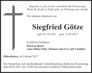 Traueranzeige von Siegfried Götze von Thüringer Allgemeine