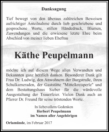 Traueranzeige von Käthe Peupelmann von Ostthüringer Zeitung, Thüringische Landeszeitung