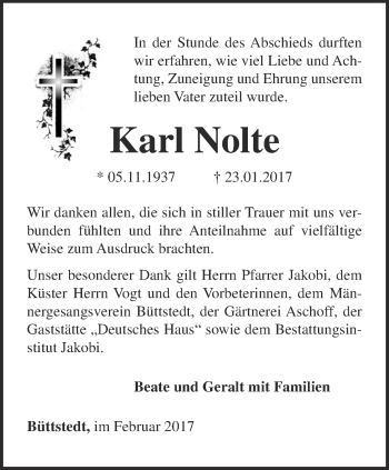 Traueranzeige von Karl Nolte von Thüringer Allgemeine