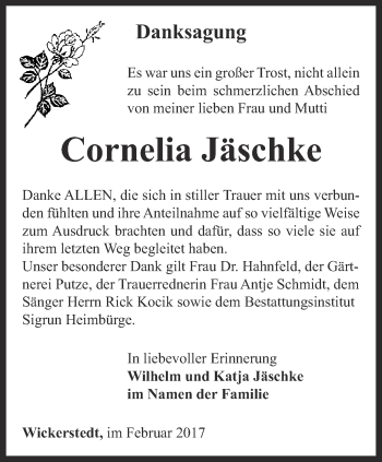 Traueranzeige von Cornelia Jäschke von Thüringer Allgemeine, Thüringische Landeszeitung