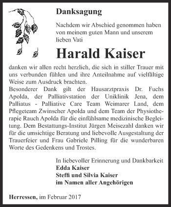 Traueranzeige von Harald Kaiser von Thüringer Allgemeine, Thüringische Landeszeitung