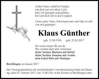 Traueranzeige von Klaus Günther von Thüringer Allgemeine