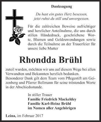 Traueranzeige von Rhondda Brühl von Ostthüringer Zeitung, Thüringische Landeszeitung
