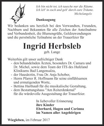 Traueranzeige von Ingrid Herbsleb von Thüringer Allgemeine, Thüringische Landeszeitung