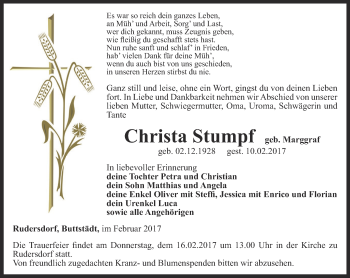 Traueranzeige von Christa Stumpf von Thüringer Allgemeine