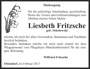 Traueranzeige von Liesbeth Fritzsche von Ostthüringer Zeitung