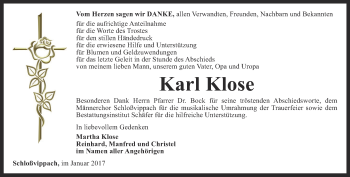 Traueranzeige von Karl Klose von Thüringer Allgemeine