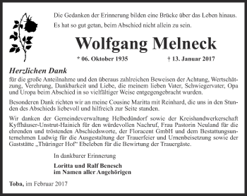 Traueranzeige von Wolfgang Melneck von Thüringer Allgemeine