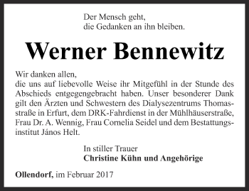 Traueranzeige von Werner Bennewitz von Thüringer Allgemeine, Thüringische Landeszeitung