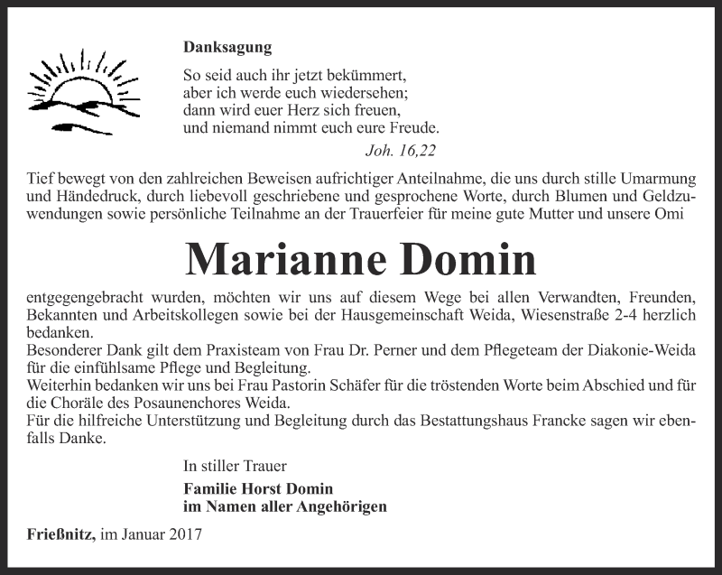  Traueranzeige für Marianne Domin vom 21.01.2017 aus Ostthüringer Zeitung
