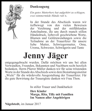 Traueranzeige von Jenny Jäger von Thüringer Allgemeine, Thüringische Landeszeitung