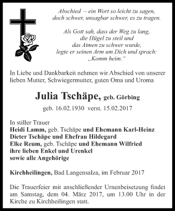 Traueranzeige von Julia Tschäpe von Thüringer Allgemeine, Thüringische Landeszeitung