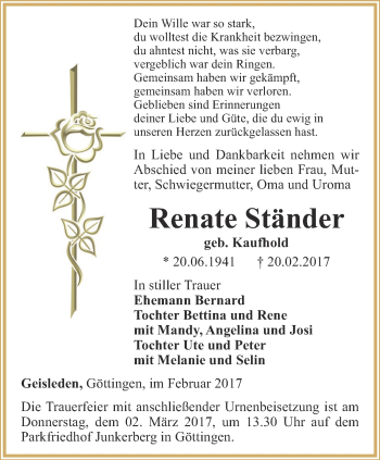 Traueranzeige von Renate Ständer von Thüringer Allgemeine