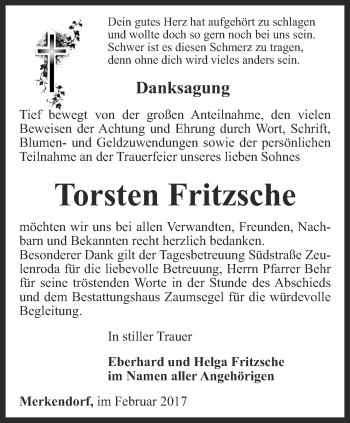 Traueranzeige von Torsten Fritzsche von Ostthüringer Zeitung