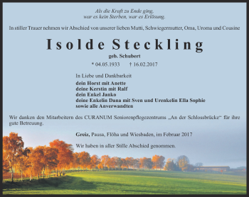Traueranzeige von Isolde Steckling von Ostthüringer Zeitung