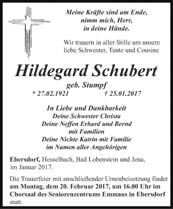 Traueranzeige von Hildegard Schubert von Ostthüringer Zeitung