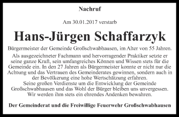 Traueranzeige von Hans-Jürgen Schaffarzyk von Thüringer Allgemeine, Thüringische Landeszeitung
