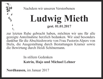 Traueranzeige von Ludwig Mieth von Thüringer Allgemeine