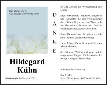 Traueranzeige von Hildegard Kühn von Thüringer Allgemeine