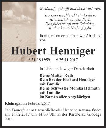 Traueranzeige von Hubert Henniger von Ostthüringer Zeitung