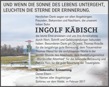 Traueranzeige von Ingolf Käbisch von Ostthüringer Zeitung, Thüringische Landeszeitung